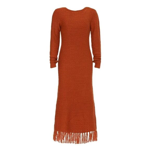 Pamela Love Fringe Burnt Orange Rust Long Sleeves Sweater Dress S 🪷 - Picture 5 of 13
